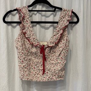 Floral Ruffle Trim Top - Red and Cream